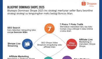 Diagram infografis ini menunjukkan 7 pintu utama untuk mendatangkan trafik ke toko Shopee Anda di tahun 2025, lengkap dengan strategi untuk mendapatkan pengunjung tanpa harus boncos di iklan berbayar.